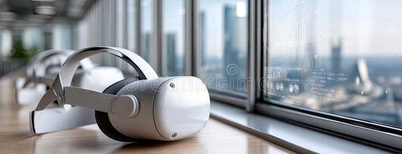 Căștile VR 3D afișează vizualizări de date vibrante pe o masă de birou elegantă încadrată de un spațiu de lucru modern și de un or royalty free illustration