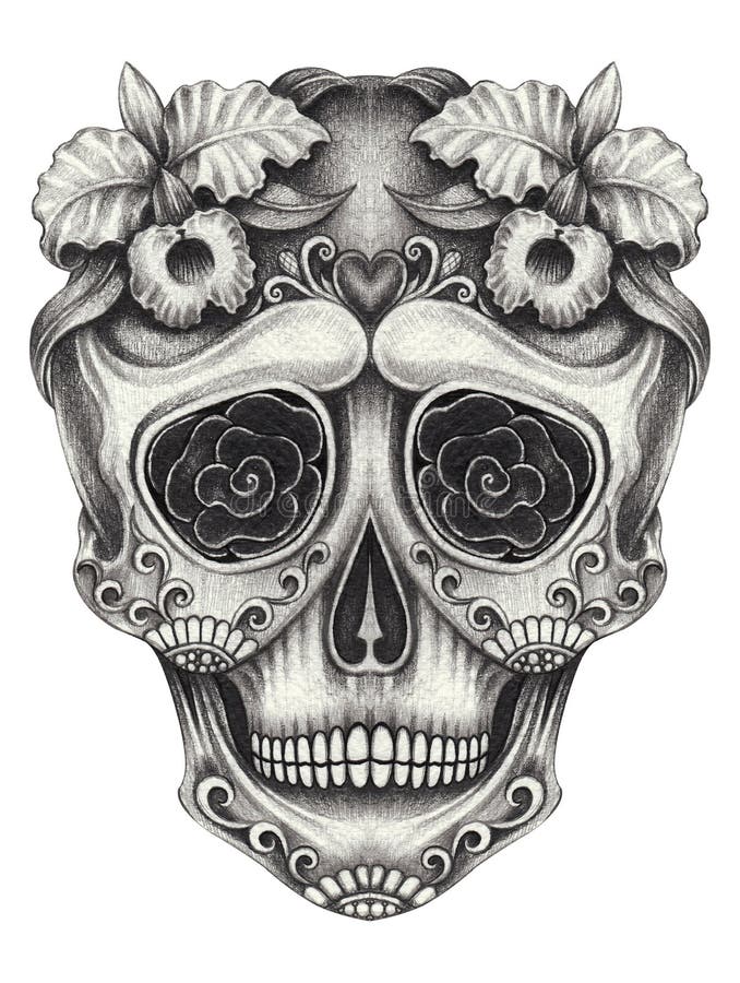 Día Del Cráneo De Art Sugar De Los Muertos Dibujo De Lápiz De La Mano En El  Papel Stock de ilustración - Ilustración de hueso, perla: 102972930