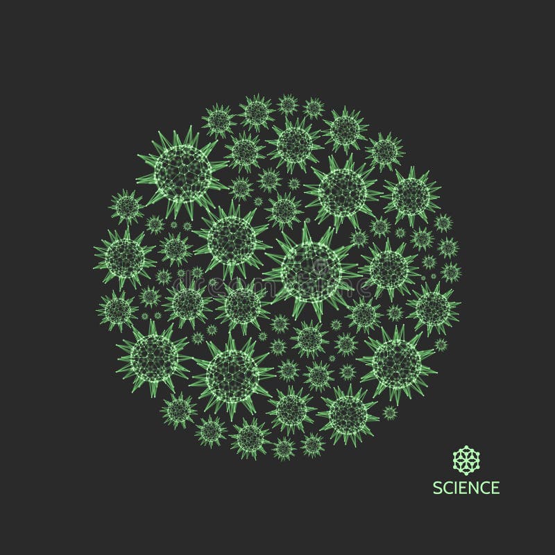 3d与被连接的线和小点的球形 在空间的微生物细胞 绿色病毒微粒 抽象传染媒介例证为 皇族释放例证 3d与被连接的线和小点的球形 在空间的微生物细胞 绿色病毒微粒 抽象传染媒介例证为 皇族释放例证
