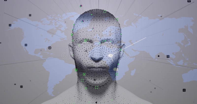 在虚拟仪表盘中显示带有网格、绿色标记和径向线以映射节点的3D头部模型 皇族释放例证