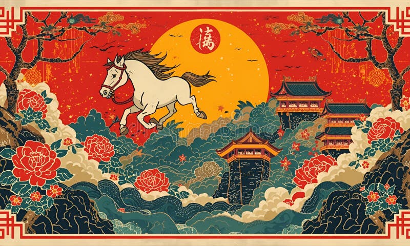 Traditional Chinese artwork featuring a white horse galloping through a vibrant fantasy landscape royalty free illustration