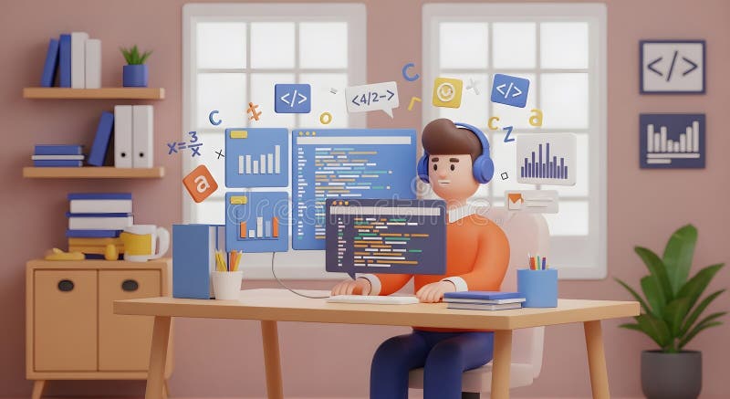 3D-Abbildung eines fokussierten jungen Programmierers, der mit Code- und Datendiagrammen arbeitet lizenzfreie abbildung