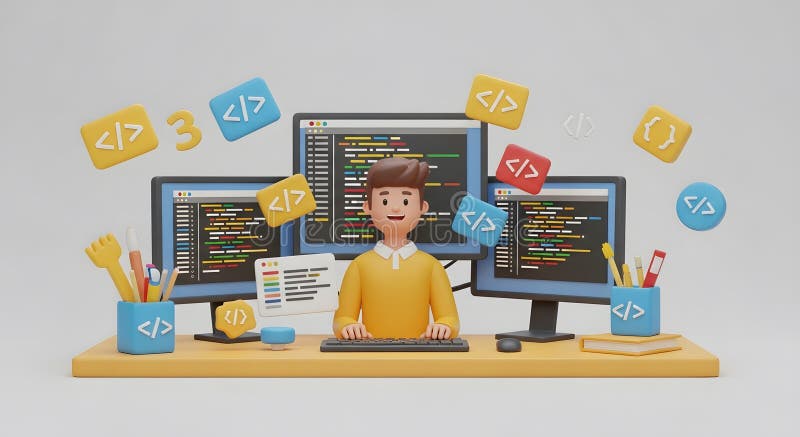 3D-Abbildung eines männlichen Entwicklers, der an einem Schreibtisch mit mehreren Monitoren und schwimmenden Symbolen kodiert stock abbildung