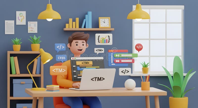 3D-Abbildung eines männlichen Entwicklers, der an Laptops mit Codeelementen in einem Heimbüro arbeitet vektor abbildung
