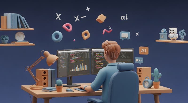 3D-Abbildung eines Programmierers, der an Dual-Monitoren arbeitet, umgeben von Digital-Tech- und AI-Icons vektor abbildung
