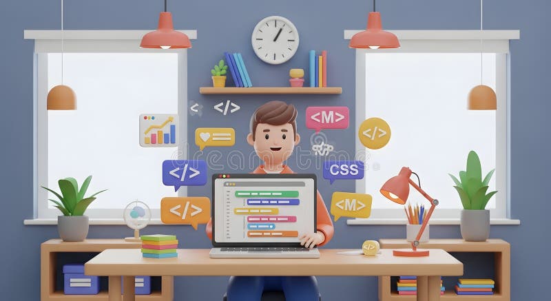 3D-Abbildung eines Zeichentrickfilmprogrammierers, der auf Laptops arbeitet, umgeben von Icons für die Programmierung lizenzfreie abbildung