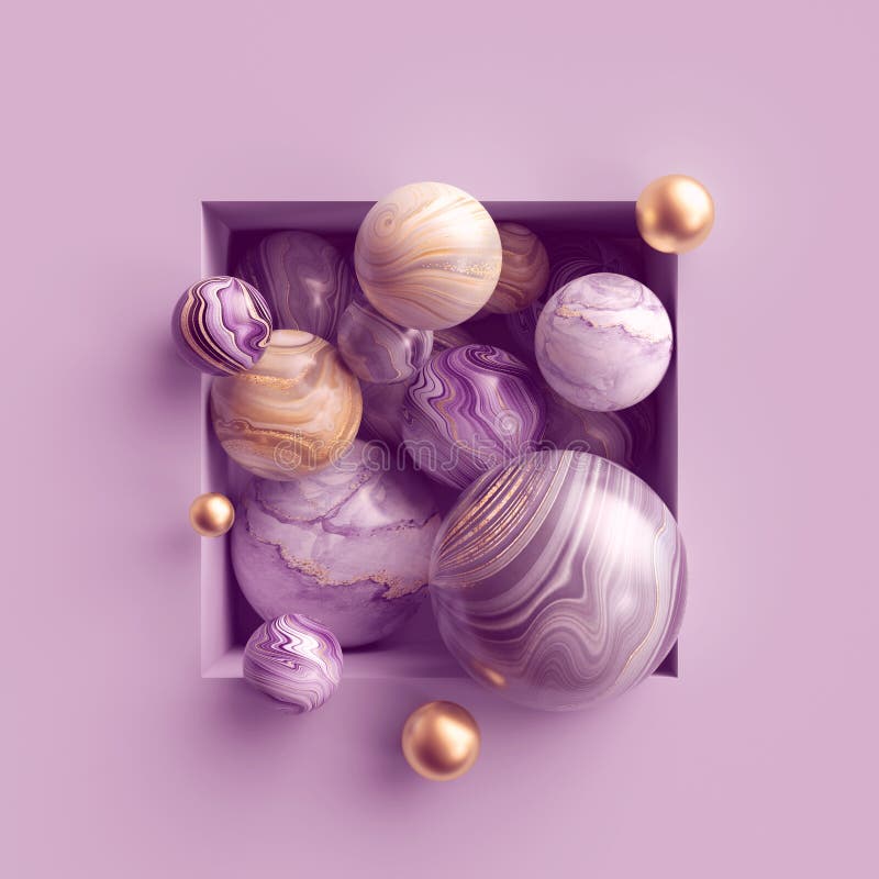 3d abstract background, assorted pink gold marble balls inside square niche stock illustration 3d abstract background, assorted pink gold marble balls inside square niche stock illustration