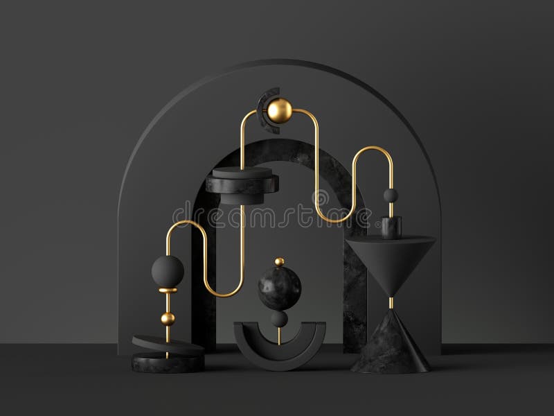 3d abstract black gold background. Black gold isolated primitive geometrical shapes. Cone ball cylinder torus, blank pedestal or podium. Constructor toys. Digital design, modern urban concept