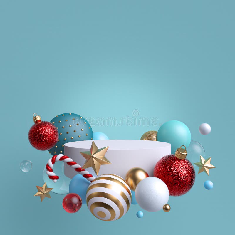 3d abstract blank blue background with Christmas ornaments. Glass balls, candy cane, gold and crystal stars. Round white podium