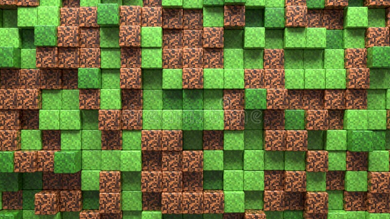 3D Abstract cubes. Video game geometric mosaic waves pattern. Construction of hills landscape using brown and green grass block.