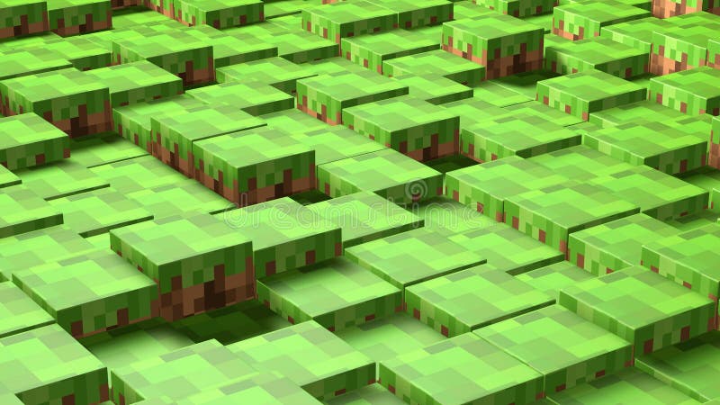 3D Abstract cubes. Video game geometric mosaic waves pattern. Construction of hills landscape using brown and green grass blocks