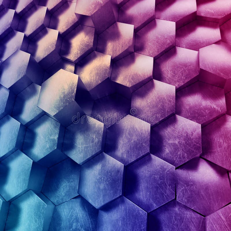 3d abstract geometric background, metallic hexagonal honeycombs, modern purple neon wallpaper, trendy technological texture stock photo