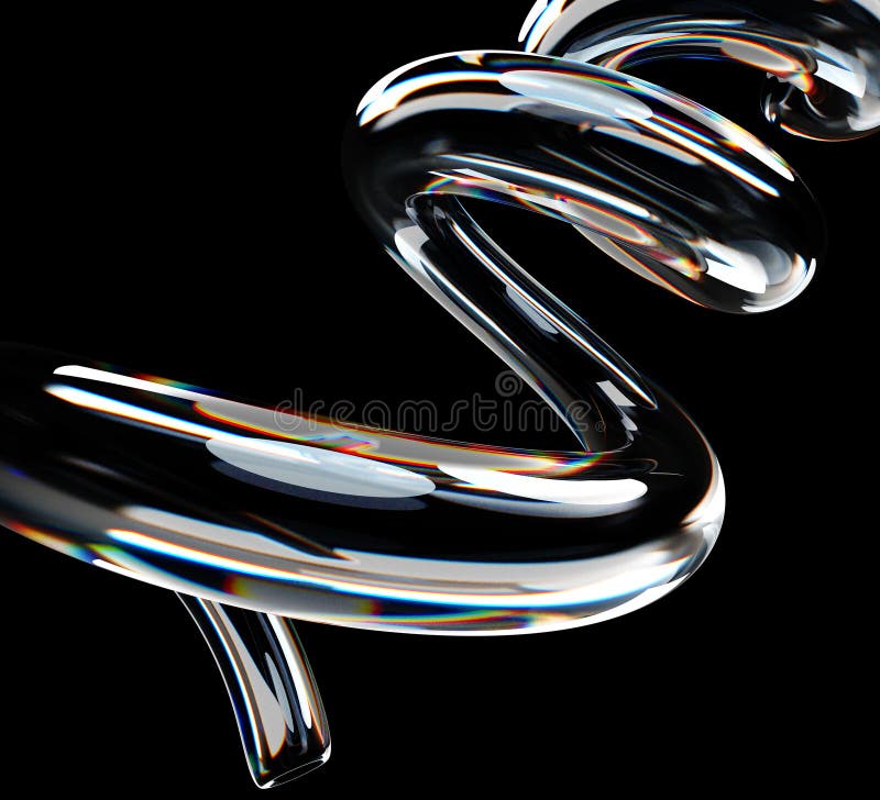 3d abstract liquid glass transparent spiral line with chromatic effect on black background render. Iridescent fluid flow stock illustration