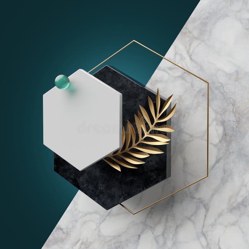 3d abstract modern geometric green background with black and white marble stone textures. Golden paper palm leaves. Clean trendy