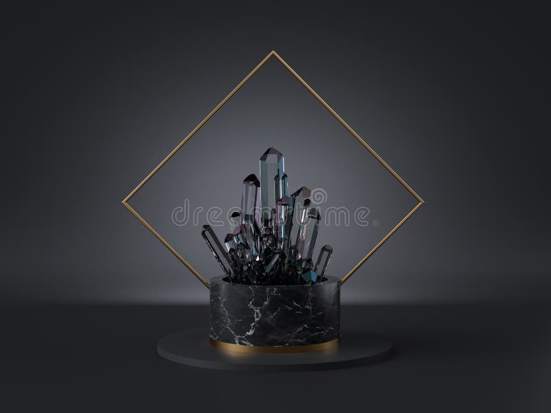 3d abstract modern minimalist background, dark magic, crystal nugget, black marble cylinder podium, isolated object, fashion stock photos