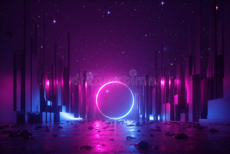 3d abstract neon background, cyber space virtual reality urban scene, glowing round shape portal at the end of the street