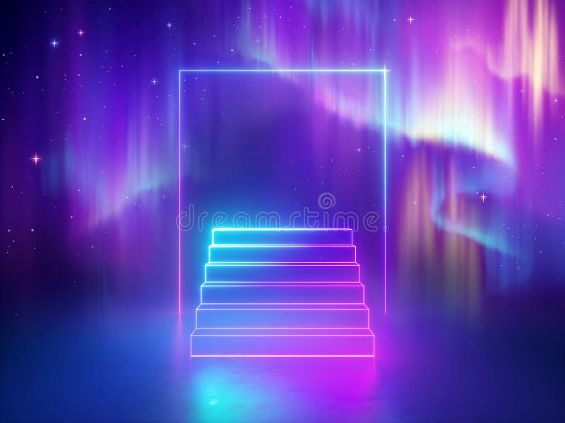 3d abstract neon fundal visând metafora aurora borealis în spatele portalului dreptunghiular și pașii spectrului ultraviolet stock photo