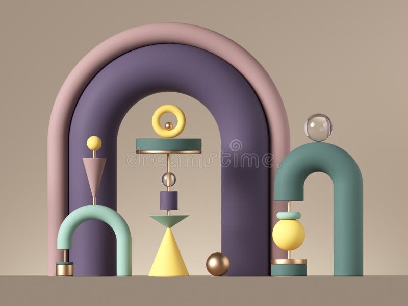 3d abstract postmodern design with assorted geometrical shapes isolated on neutral background. Colorful primitives: cone ball cylinder torus, Round tubes and arch. Constructor toys for children