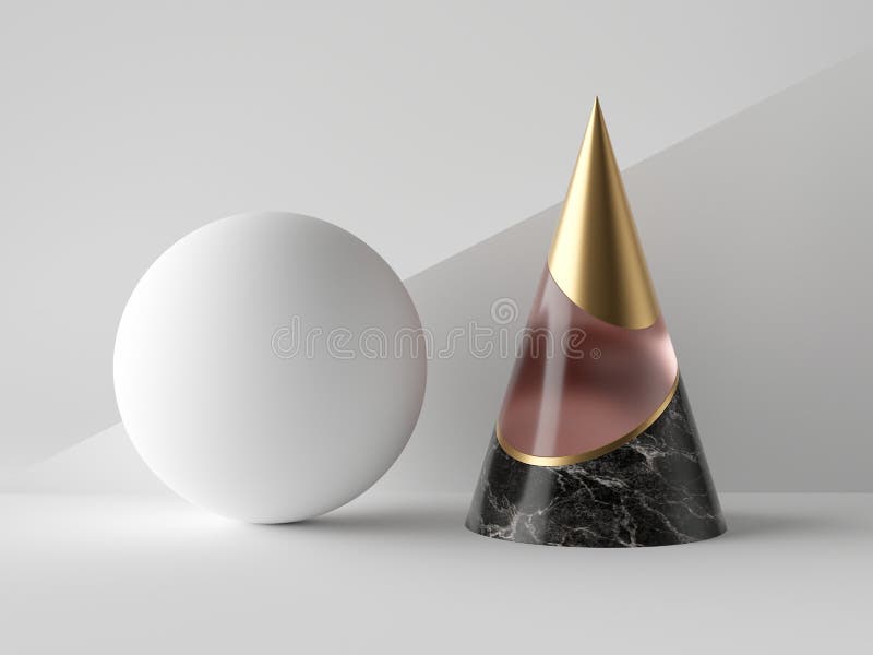 3d abstract primitive shapes on white background, black marble, rose glass and gold cone, white ball, clean minimalist design royalty free illustration