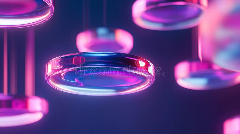 3D abstract shapes with floating holographic disks and neon edges, creating a sleek, Generated AI royalty free illustration