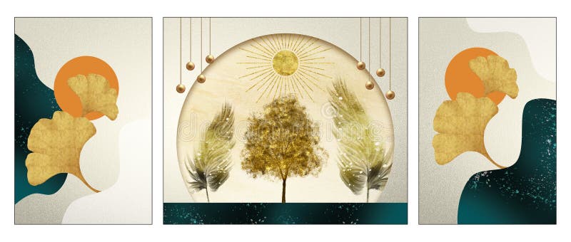 3d abstract wall frame decor. golden lines, circles, trees, feathers, ginkgo biloba, sun, and sphere in light marble background stock illustration