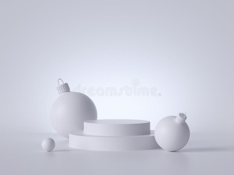 3d abstract white Christmas background with glass balls and empty podium. Round platform, blank pedestal steps, copy space.