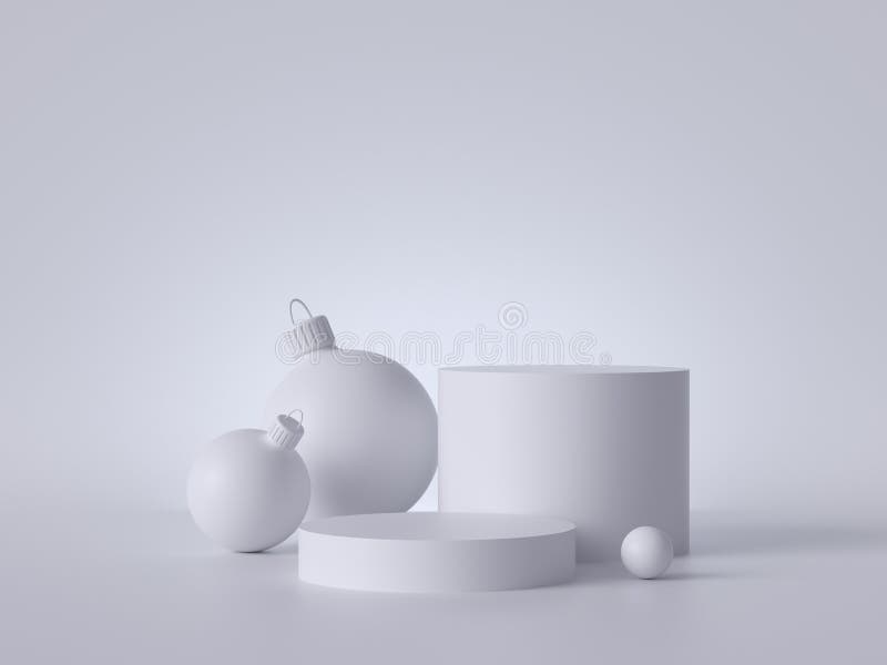 3d abstrakcyjne białe tło bożonarodzeniowe ze szklanymi kulkami i pustym pedestałem Okrągła platforma, puste kroki podium, miejsc ilustracja wektor