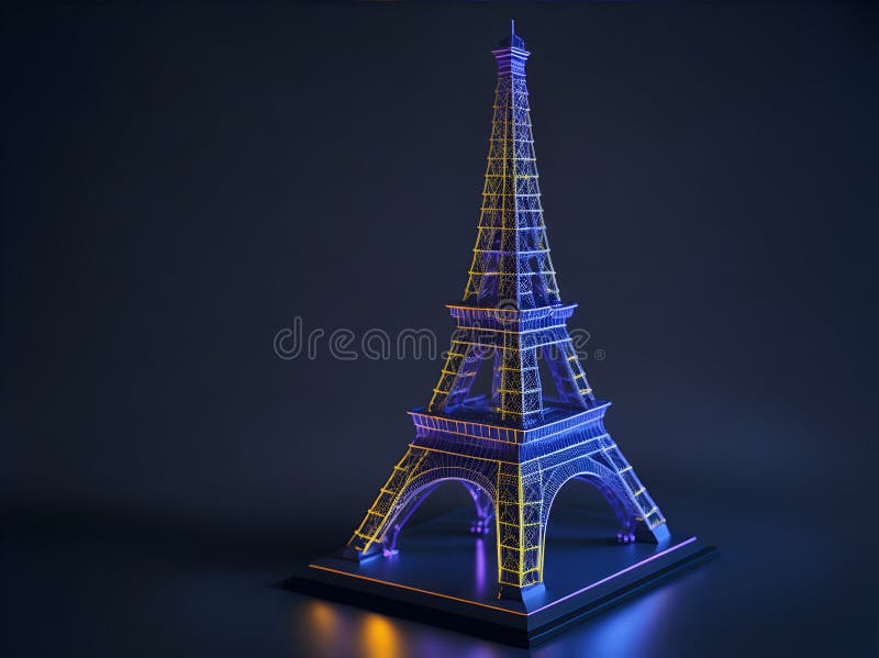 3d abstrakcyjny model wieży Eiffela z holograficznym projektem i świecącymi światłami. ilustracja wektor
