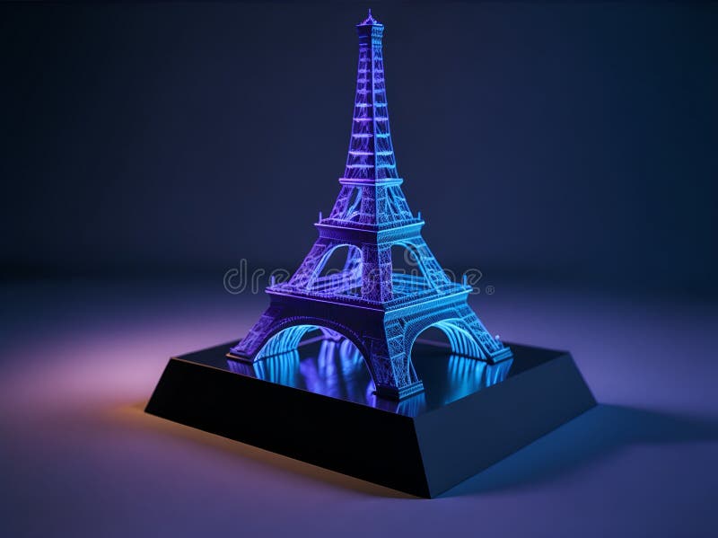 3d abstrakcyjny model wieży Eiffela z holograficznym projektem i świecącymi światłami. royalty ilustracja