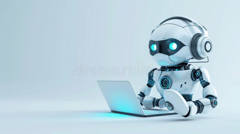 3d illustration of cute robot with headphones sitting on the laptop and thinking, white color palette white background AI generated. 3d illustration of cute robot with headphones sitting on the laptop and thinking, white color palette white background AI generated