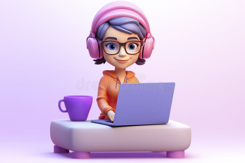 3D illustration of young girl with headphones and laptop. 3D illustration of young girl with headphones and laptop
