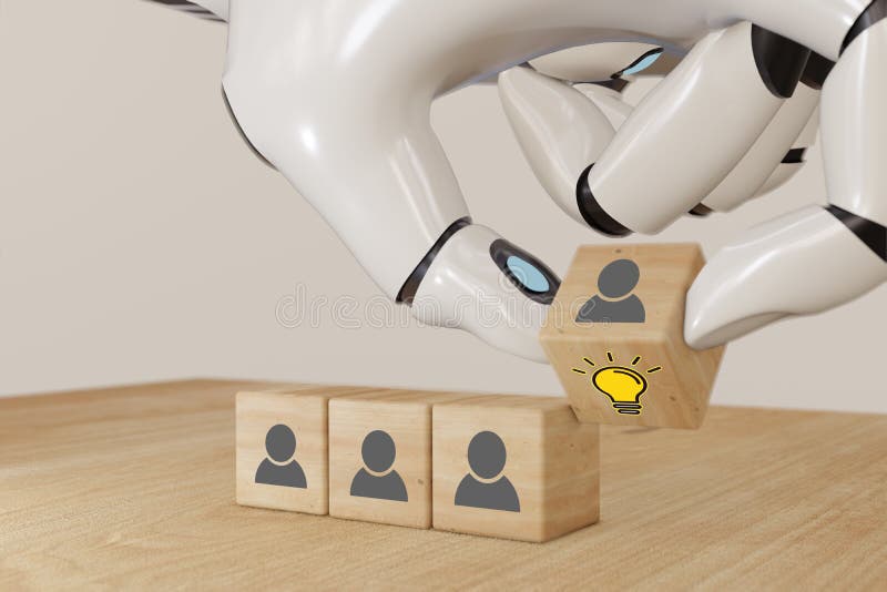 3d ai rendering di un robot intelligente artificiale capovolge il cubo di legno con un ufficiale umano e lampadina con un'idea cr immagini stock libere da diritti 3d ai rendering di un robot intelligente artificiale capovolge il cubo di legno con un ufficiale umano e lampadina con un'idea cr immagini stock libere da diritti