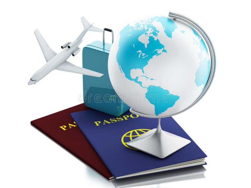 3d airplane, passport, earth globe and travel suitcases.