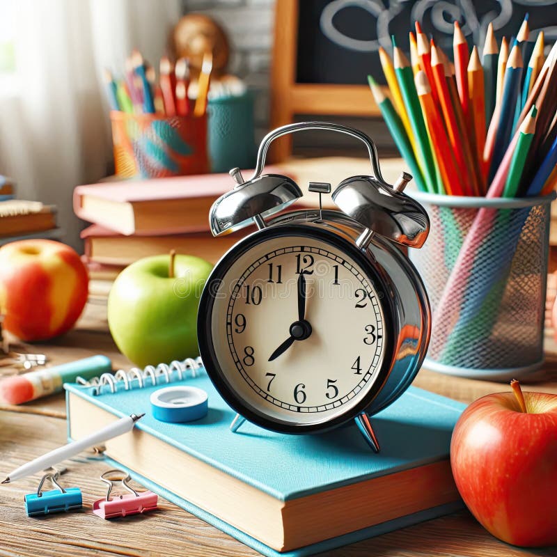 3d allarme nero orologio marrone libro blu penna rosso supporto orizzontale in una linea su sfondo blu chiaro royalty illustrazione gratis
