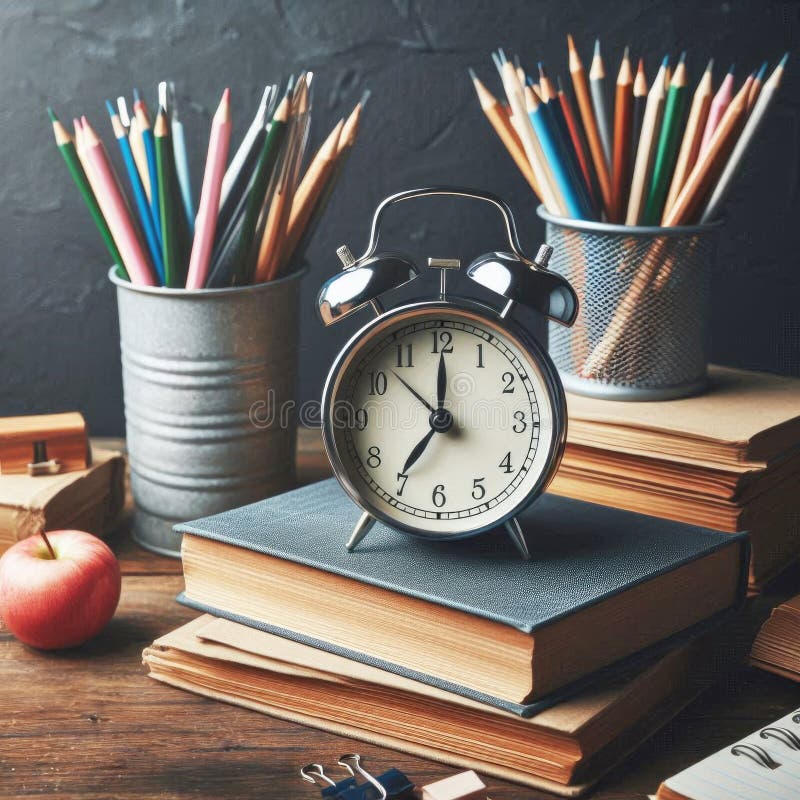 3d allarme nero orologio marrone libro blu penna rosso supporto orizzontale in una linea su sfondo blu chiaro illustrazione vettoriale