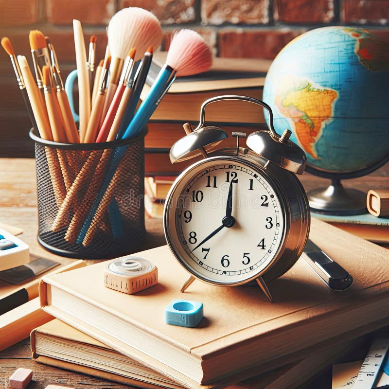 3d allarme nero orologio marrone libro blu penna rosso supporto orizzontale in una linea su sfondo blu chiaro illustrazione vettoriale