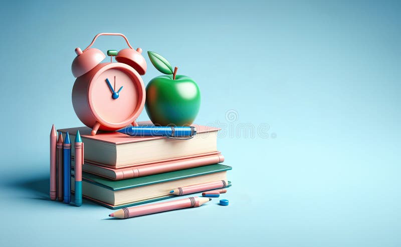 3d allarme rosa orologio marrone libro blu penna penna rosso supporto orizzontale in una linea su sfondo blu chiaro illustrazione di stock