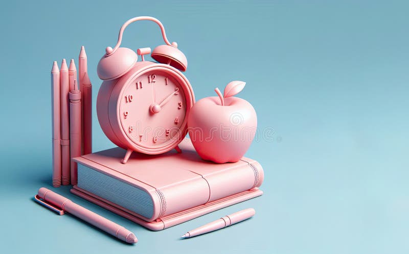 3d allarme rosa orologio marrone libro blu penna penna rosso supporto orizzontale in una linea su sfondo blu chiaro illustrazione vettoriale