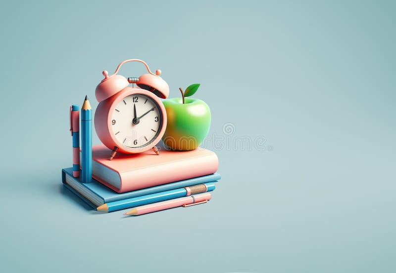 3d allarme rosa orologio marrone libro blu penna penna rosso supporto orizzontale in una linea su sfondo blu chiaro royalty illustrazione gratis