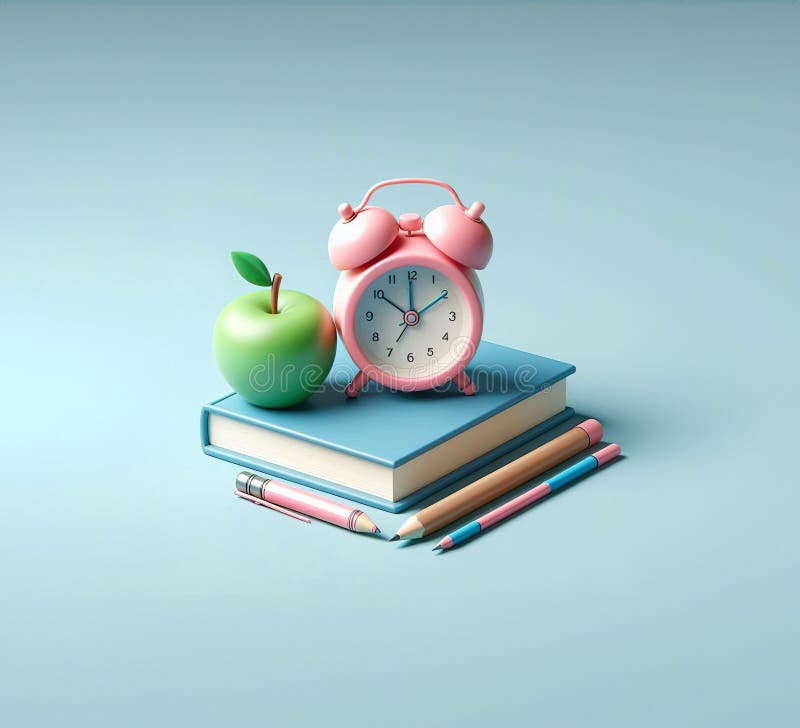 3d allarme rosa orologio marrone libro blu penna penna rosso supporto orizzontale in una linea su sfondo blu chiaro royalty illustrazione gratis
