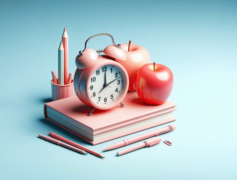 3d allarme rosa orologio marrone libro blu penna penna rosso supporto orizzontale in una linea su sfondo blu chiaro illustrazione vettoriale
