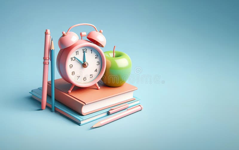 3d allarme rosa orologio marrone libro blu penna penna rosso supporto orizzontale in una linea su sfondo blu chiaro illustrazione di stock