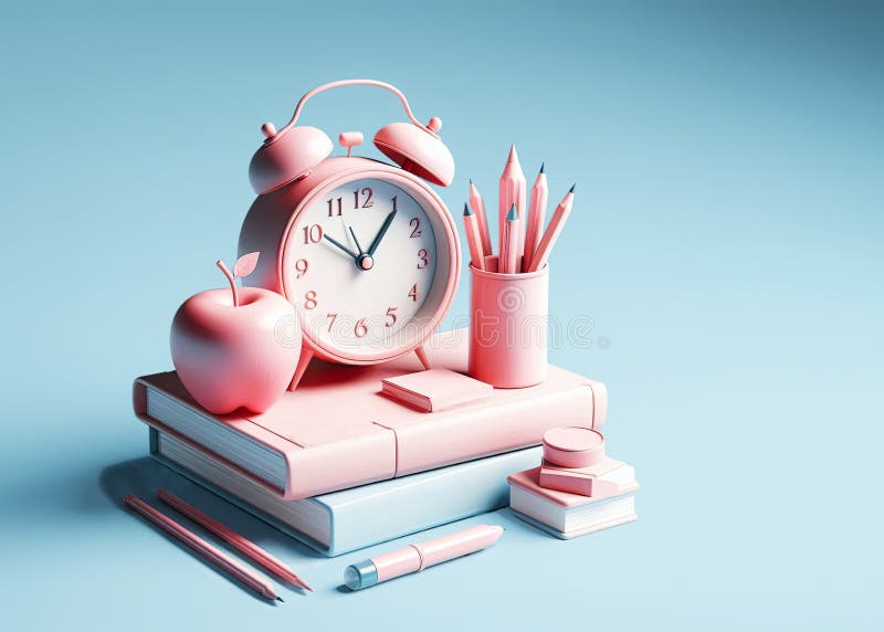 3d allarme rosa orologio marrone libro blu penna penna rosso supporto orizzontale in una linea su sfondo blu chiaro royalty illustrazione gratis