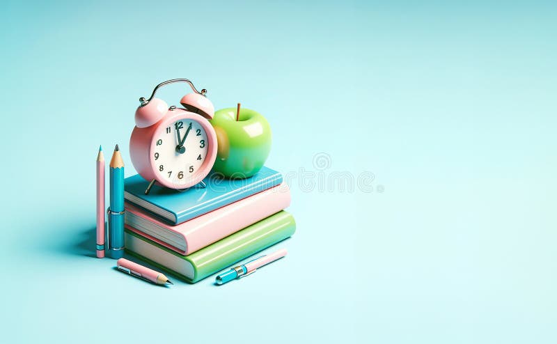 3d allarme rosa orologio marrone libro blu penna penna rosso supporto orizzontale in una linea su sfondo blu chiaro illustrazione di stock