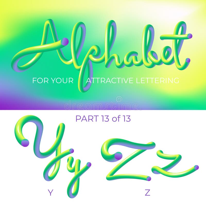 3D neon led alphabet font. Logo Y letter, Z letter with rounded shapes. Matte three-dimensional letters from the tube, rope green