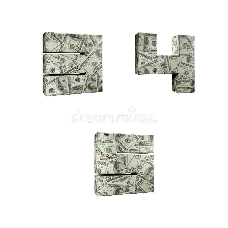 3D wrapped-around dollar banknote alphabet, digits 3-5 stock illustration