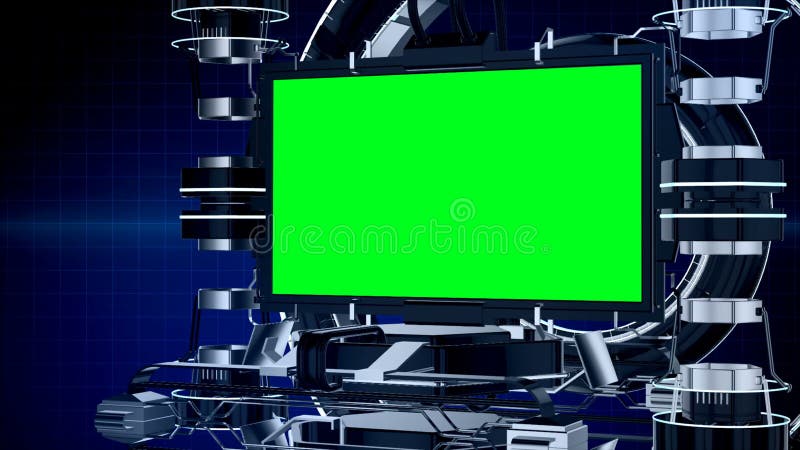 3d animatienieuws die het schermtelevisie of media programmainterface met mechanische zeer belangrijke groene het schermachtergro