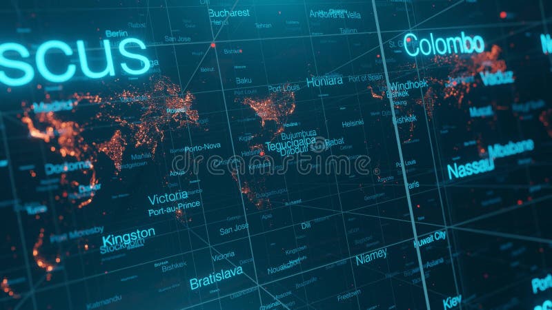 3D animation of an abstract space with a world map and all the world`s capitals. royalty free illustration