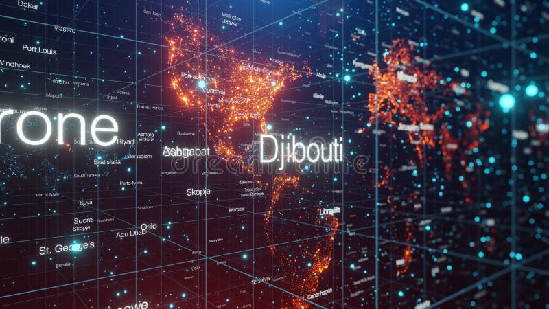 3D animation of an abstract space with a world map and all the world`s capitals. royalty free illustration