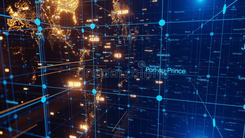 3D animation of an abstract space with a world map and all the world`s capitals. vector illustration